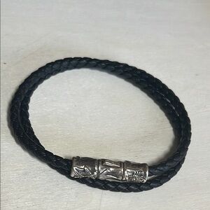 John Hardy Black Braided Leather Double-Wrap Bamboo Bracelet with Silver Accents